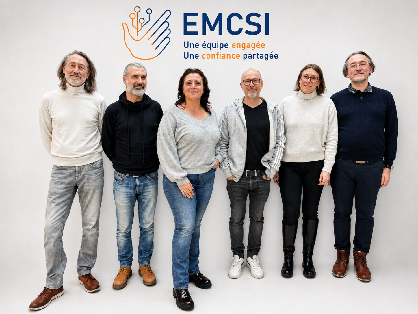 L’équipe EMCSI réunie devant le logo de l’entreprise